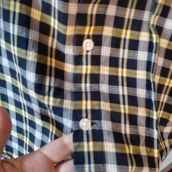 Banana Republic Men Untucked Navy Blue Yellow Plaid Slim Fit  Button Shirt M - Picture 5 of 5